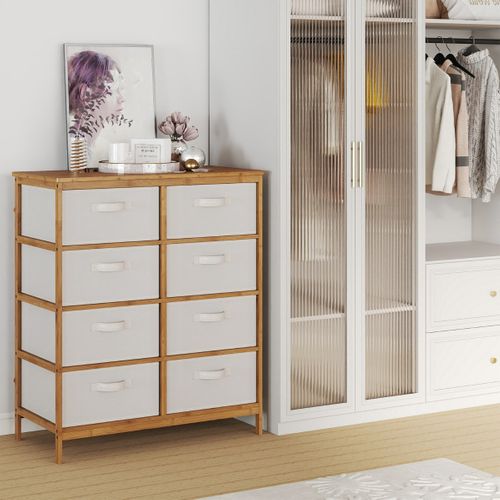 Commode à 8 Tiroirs Meuble De Rangement En Bambou Avec Boîtes En Tissu Amovibles Armoire à Tiroirs