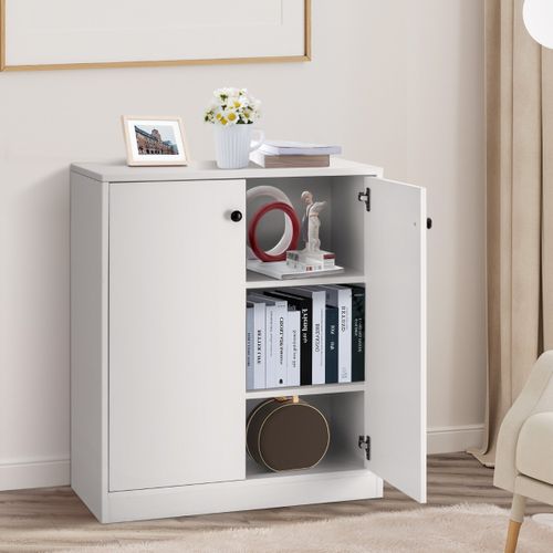Commode Buffet Meuble De Rangement Avec 2 Portes Meuble Bas Blanc Avec 3 Étagères Réglables