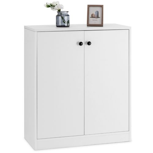 Commode Buffet Meuble De Rangement Avec 2 Portes Meuble Bas Blanc Avec 3 Étagères Réglables