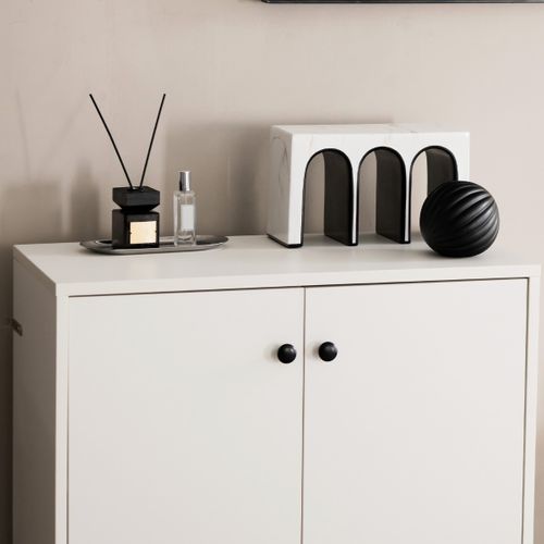 Commode Buffet Meuble De Rangement Avec 2 Portes Meuble Bas Blanc Avec 3 Étagères Réglables