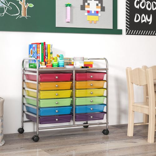 Desserte à Roulettes Chariot De Rangement 12 Tiroirs Avec Tablette Cadre En Métal Coloré