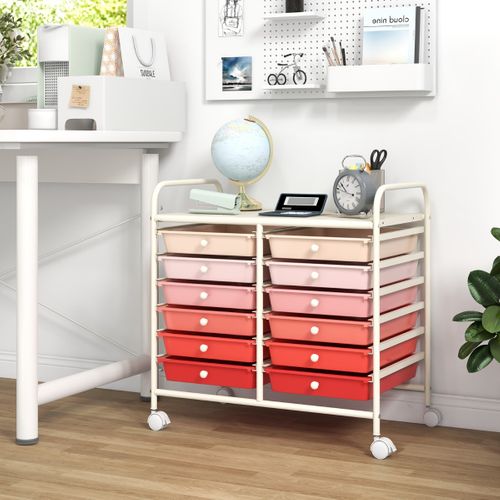 Desserte à Roulettes Chariot De Rangement 12 Tiroirs Avec Tablette Cadre En Métal Rose Dégradé