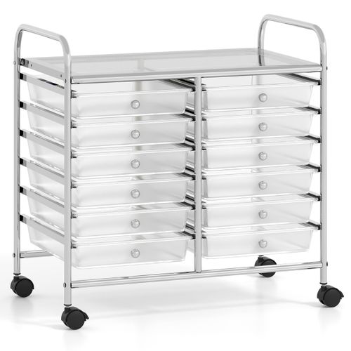 Desserte à Roulettes Chariot De Rangement 12 Tiroirs Avec Tablette Cadre En Métal Transparent