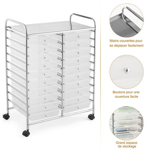 Desserte à Roulettes Chariot De Rangement à 20 Tiroirs Multifonctionnel Transparent