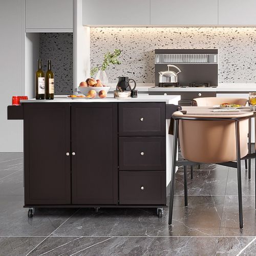 Desserte De Cuisine à Roulettes Avec Plateau Acier Inox. Îlot Chariot De Cuisine Avec 3 Tiroirs