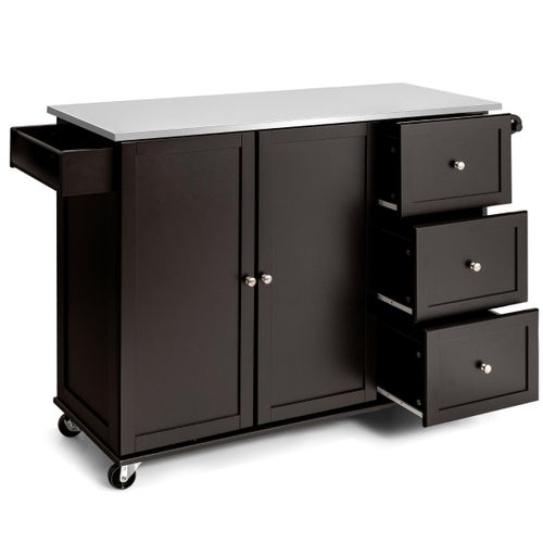 Desserte De Cuisine à Roulettes Avec Plateau Acier Inox. Îlot Chariot De Cuisine Avec 3 Tiroirs