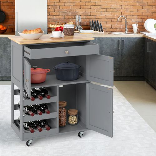 Desserte De Cuisine Roulante Chariot De Service Avec 1 Tiroir Casier à Vin Bois 67x37x86,5cm Gris