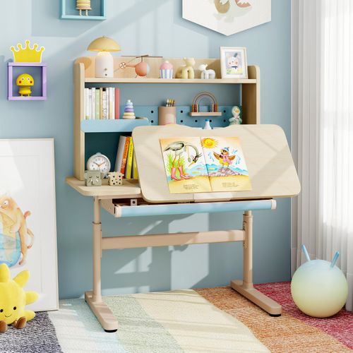 Ensemble Bureau Et Chaise Ergonomique Pour Enfants Hauteur Réglable Avec Plateau Inclinable Bleu