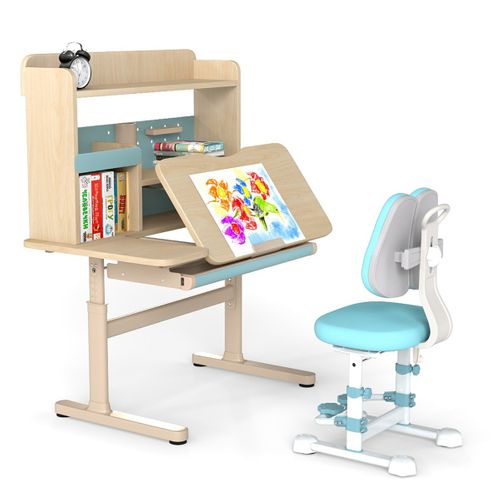 Ensemble Bureau Et Chaise Ergonomique Pour Enfants Hauteur Réglable Avec Plateau Inclinable Bleu