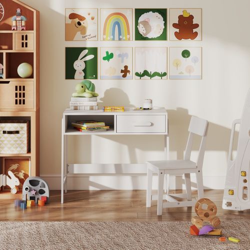 Ensemble Bureau Et Chaise Pour Enfants Ensemble Table D'étude Bois Avec Tiroir 85x48x70cm Blanc