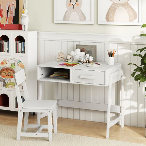 Ensemble Bureau Et Chaise Pour Enfants Ensemble Table D'étude Bois Avec Tiroir 85x48x70cm Blanc