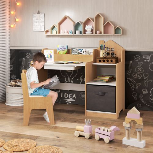 Ensemble Bureau Et Chaise Pour Enfants Table D'étude Pour Enfants Avec Etagères Ouvertes Tiroir Et