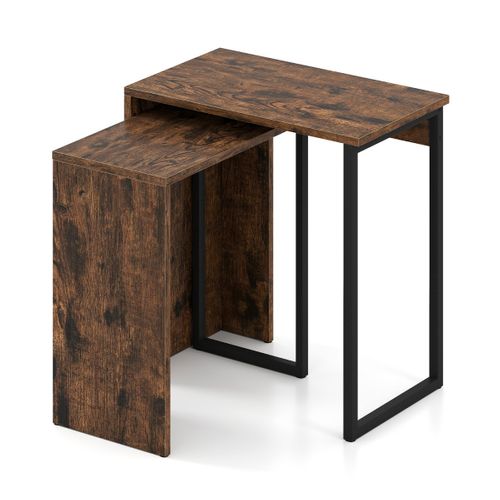 Ensemble De 2 Tables Basses Gigognes Bout De Canapé Avec Plateau En Faux Bois Rectangulaire Brun