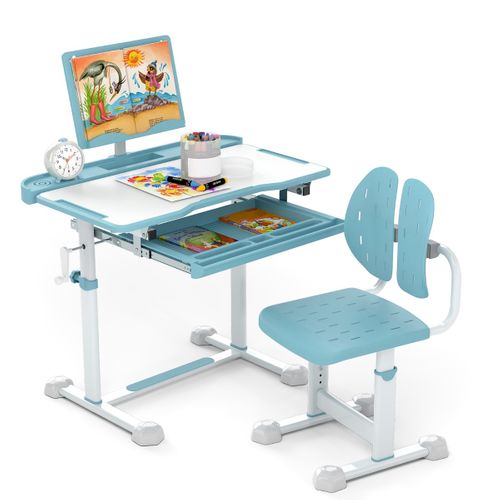 Ensemble De Bureau Et Chaise Pour Enfant Bureau D'étude Hauteur Réglable Plateau Inclinable Bleu