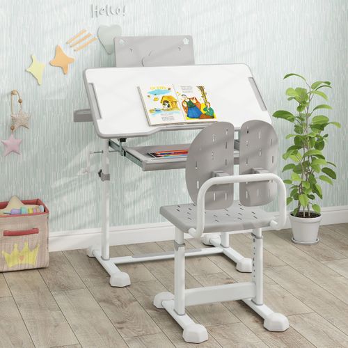 Ensemble De Bureau Et Chaise Pour Enfant Bureau D'étude Hauteur Réglable Plateau Inclinable Gris