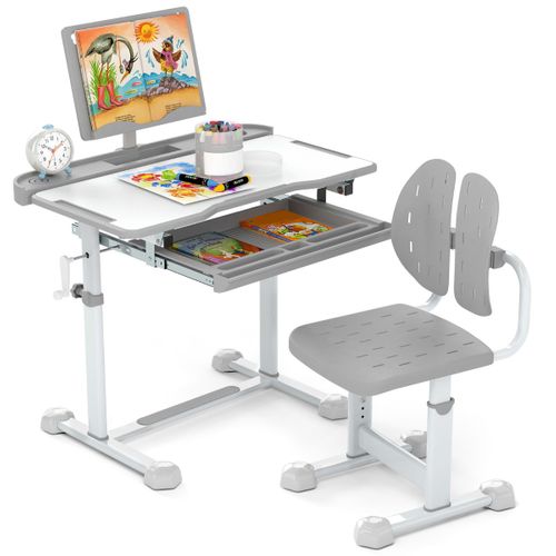 Ensemble De Bureau Et Chaise Pour Enfant Bureau D'étude Hauteur Réglable Plateau Inclinable Gris