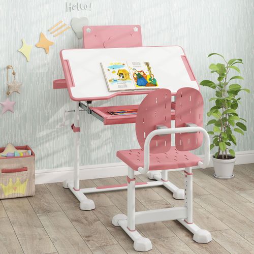 Ensemble De Bureau Et Chaise Pour Enfant Bureau D'étude Hauteur Réglable Plateau Inclinable Rose