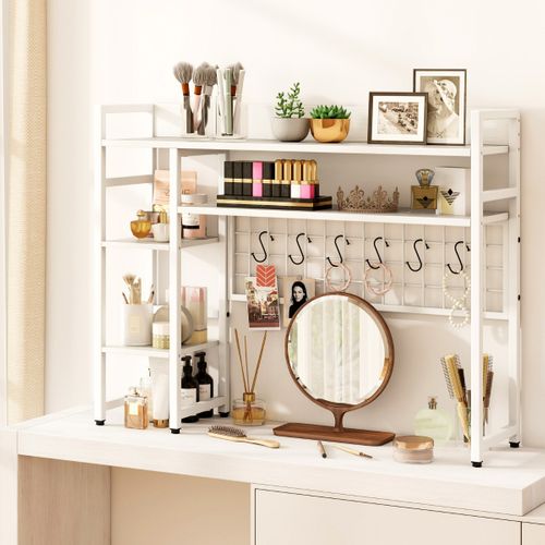 Étagère De Bureau à 4 Niveaux Avec Panneau à Grille Métallique Et 6 Crochets 94 X 25 X 74 Cm Blanc