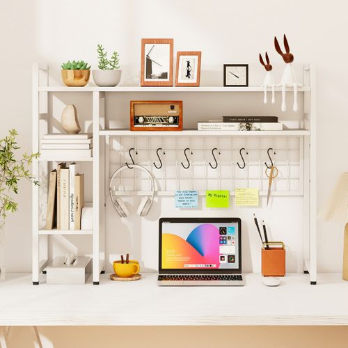 Étagère De Bureau à 4 Niveaux Avec Panneau à Grille Métallique Et 6 Crochets 94 X 25 X 74 Cm Blanc