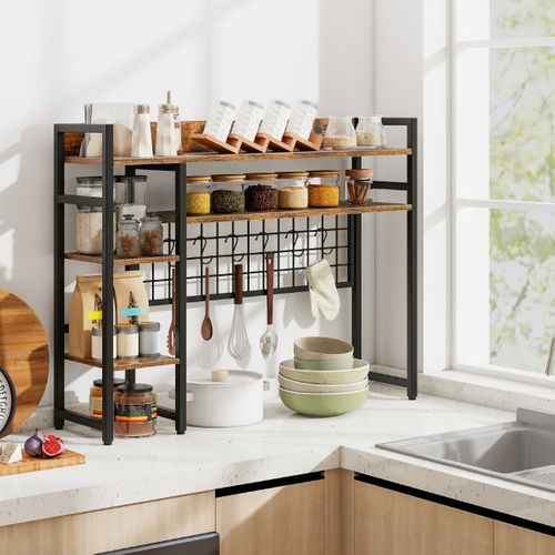 Étagère De Bureau à 4 Niveaux Avec Panneau à Grille Métallique Et 6 Crochets 94 X 25 X 74 Cm Café