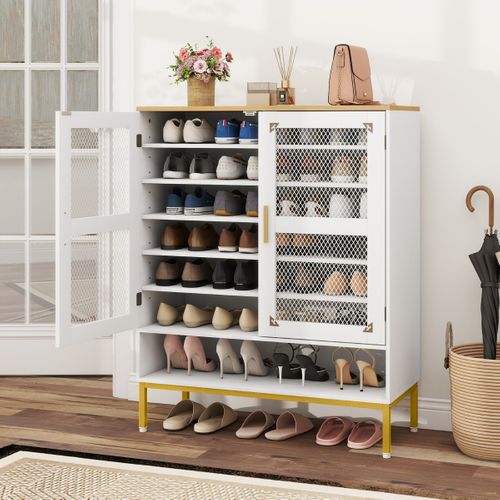 Meuble à Chaussures 7 Niveaux Avec Portes En Maille Organisateur Moderne Bois 80 X 37 X 106 Cm