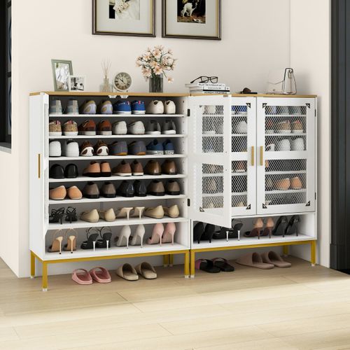 Meuble à Chaussures 7 Niveaux Avec Portes En Maille Organisateur Moderne Bois 80 X 37 X 106 Cm