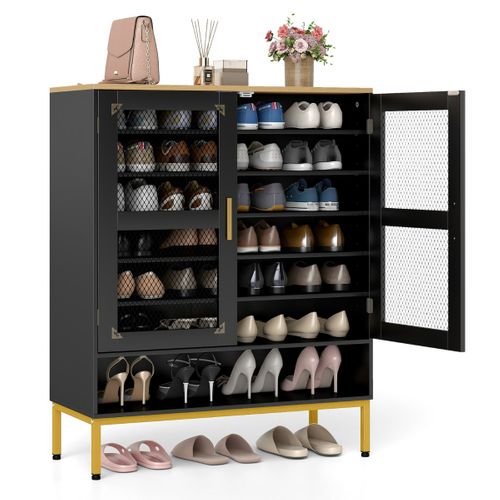 Meuble à Chaussures 7 Niveaux Avec Portes En Maille Organisateur Moderne Bois 80 X 37 X 106 Cm