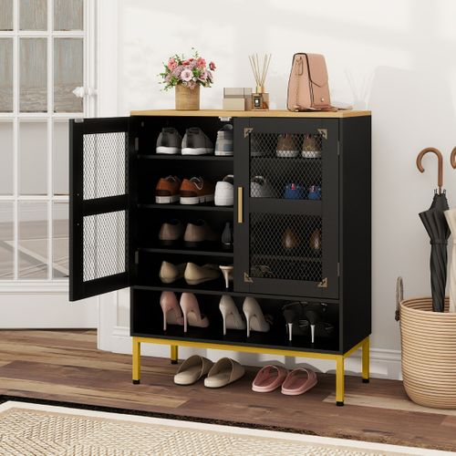 Meuble à Chaussures à 5 Niveaux Avec Portes En Maille Moderne Bois Étagères Réglable Noir