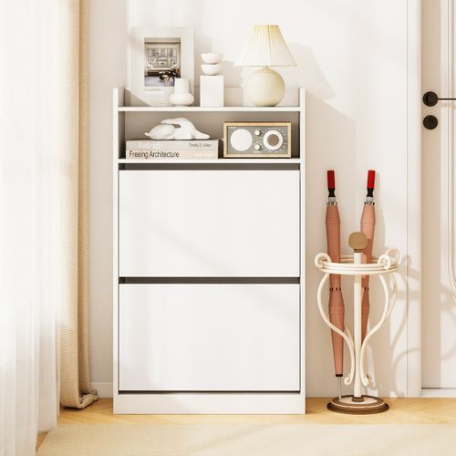 Meuble à Chaussures Avec 2 Tiroirs Abattants Meuble à Chaussures 60 X 24 X 102 Cm Bois Blanc