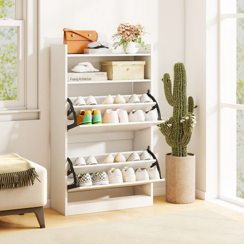 Meuble à Chaussures Avec 2 Tiroirs Abattants Meuble à Chaussures 60 X 24 X 102 Cm Bois Blanc