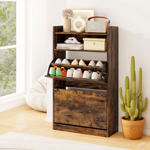 Meuble à Chaussures Avec 2 Tiroirs Abattants Meuble à Chaussures 60 X 24 X 102 Cm Bois Marron