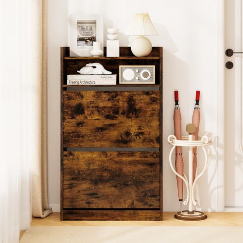 Meuble à Chaussures Avec 2 Tiroirs Abattants Meuble à Chaussures 60 X 24 X 102 Cm Bois Marron