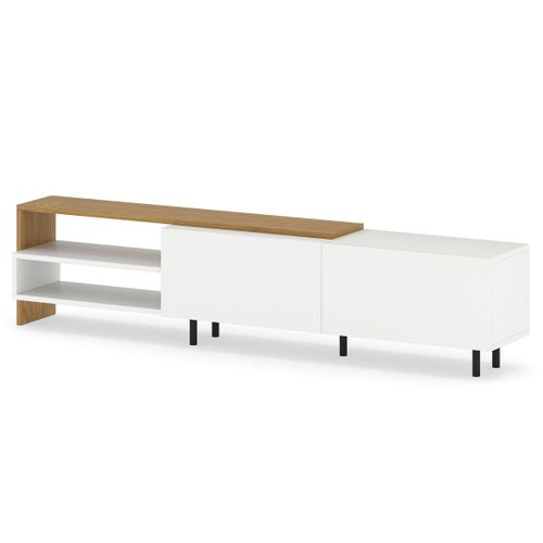 Meuble TV Banc TV Centre De Divertissement Avec 2 Portes Pieds En Métal Moderne Blanc