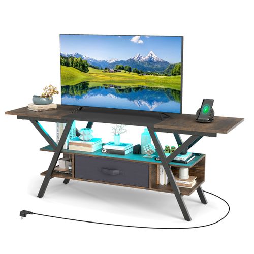 Meuble TV Banc TV Meuble Multimédia à 3 Niveaux Rgb LED Station De Charge 140x40x54cm Brun