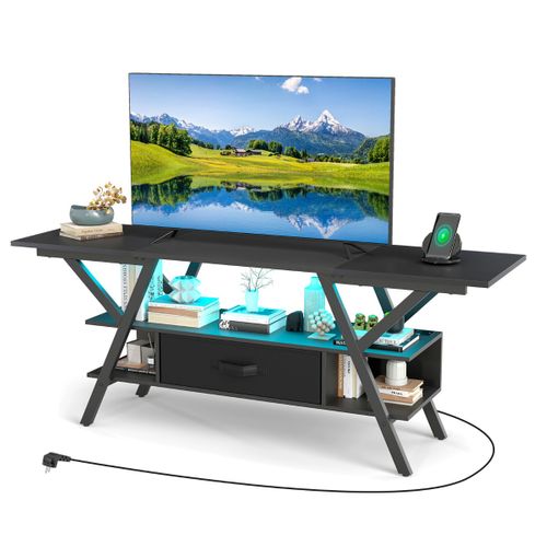 Meuble TV Banc TV Meuble Multimédia à 3 Niveaux Rgb LED Station De Charge 140x40x54cm Noir