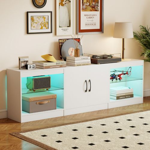 Meuble TV Banc TV Modulaire 195 X 30 X 55 Cm LED et Étagères En Verre Réglables Blanc