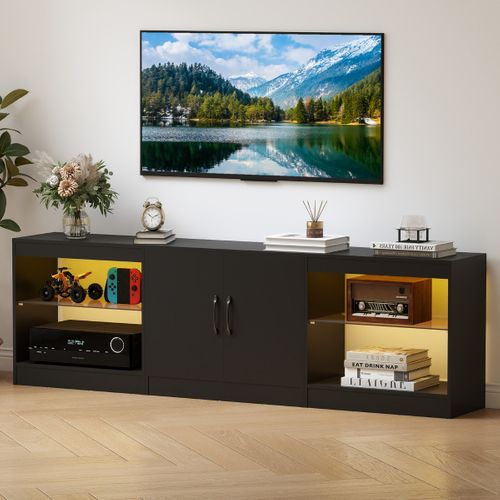 Meuble TV Banc TV Modulaire 195 X 30 X 55 Cm LED et Étagères En Verre Réglables Noir