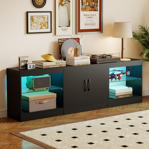 Meuble TV Banc TV Modulaire 195 X 30 X 55 Cm LED et Étagères En Verre Réglables Noir