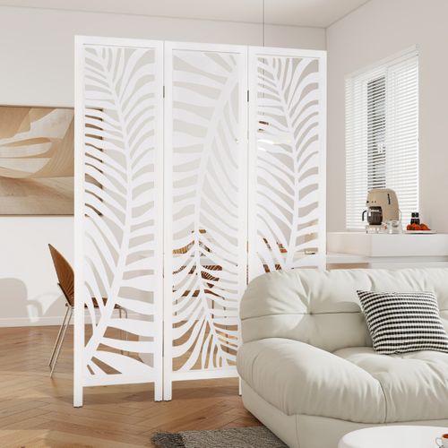 Paravent 3 Panneaux Écran De Confidentialité De 170 Cm Avec Cadre En Bois Blanc
