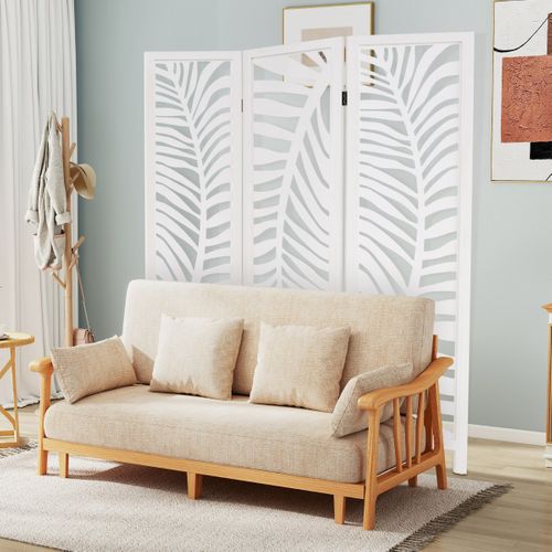 Paravent 3 Panneaux Écran De Confidentialité De 170 Cm Avec Cadre En Bois Blanc