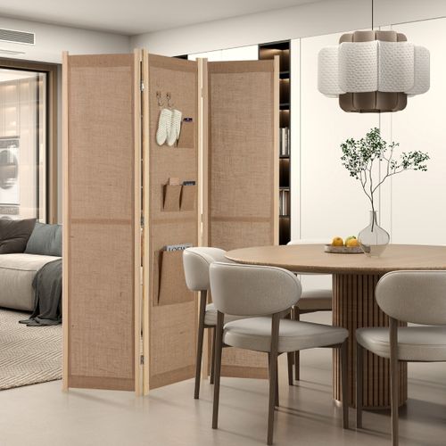 Paravent De Confidentialité Pliable à 4 Panneaux Lin Synthétique Avec Sacs 170x121 Cm Beige