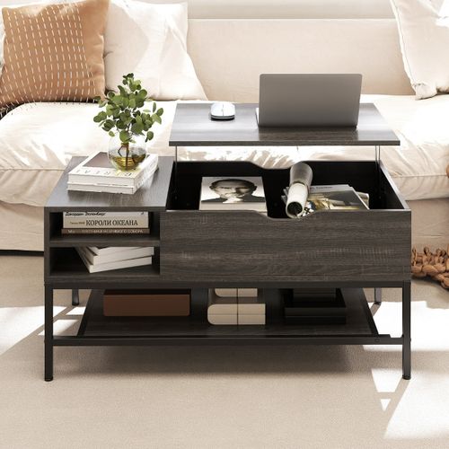 Table Basse à Plateau Relevable Avec Compartiment Caché Table De Salon Bois 99,5x49,5x47,5cm Gris