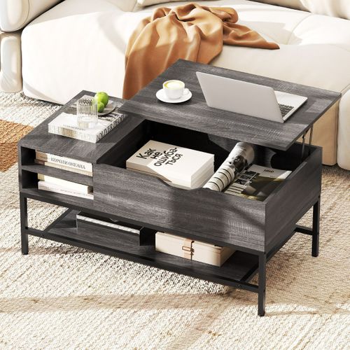 Table Basse à Plateau Relevable Avec Compartiment Caché Table De Salon Bois 99,5x49,5x47,5cm Gris