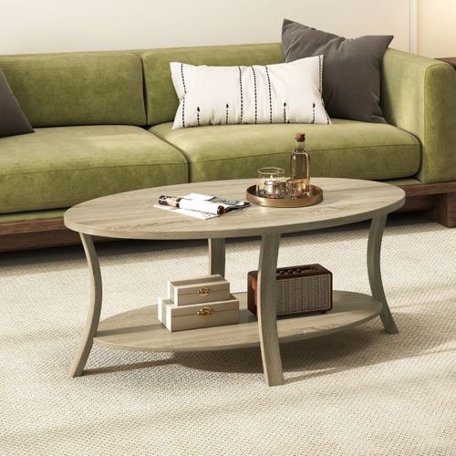 Table Basse Ovale à 2 Niveaux Avec Étagère De Rangement Table Basse En Bois D'hévéa Table De Salon