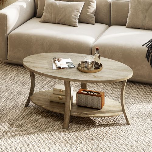 Table Basse Ovale à 2 Niveaux Avec Étagère De Rangement Table Basse En Bois D'hévéa Table De Salon