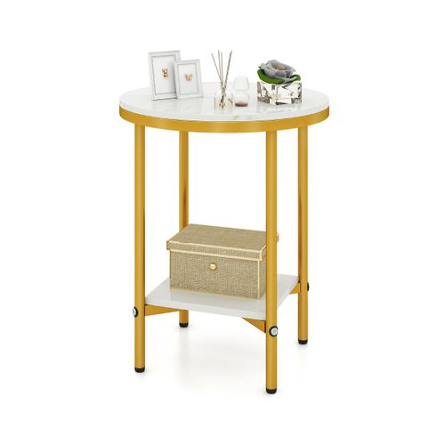 Table Basse Ronde à 2 Niveaux Bout De Canapé En Faux Marbre Avec Étagère 40,5x51cm Blanc