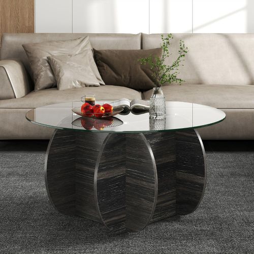 Table Basse Ronde De 89cm Table De Salon Avec Plateau En Verre Trempé Base En Bois Massif