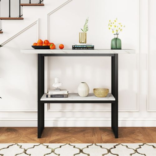 Table Console à 2 Niveaux Meuble Console Cadre En Acier Doré 120x29,5x92,5 Cm Noir+blanc