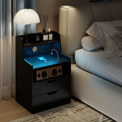 Table De Chevet LED Table De Nuit Avec Station De Charge 2 Tiroirs Moderne 45x35x72,5cm Noir