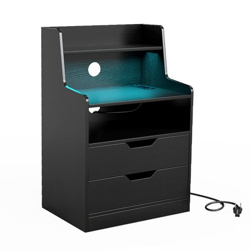 Table De Chevet LED Table De Nuit Avec Station De Charge 2 Tiroirs Moderne 45x35x72,5cm Noir